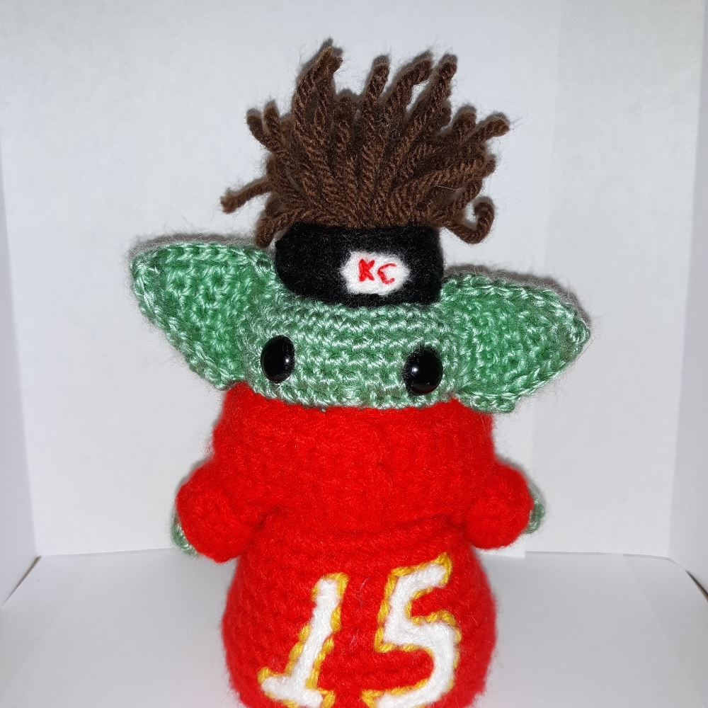 Patrick Mahomes baby yoda inspired crochet doll